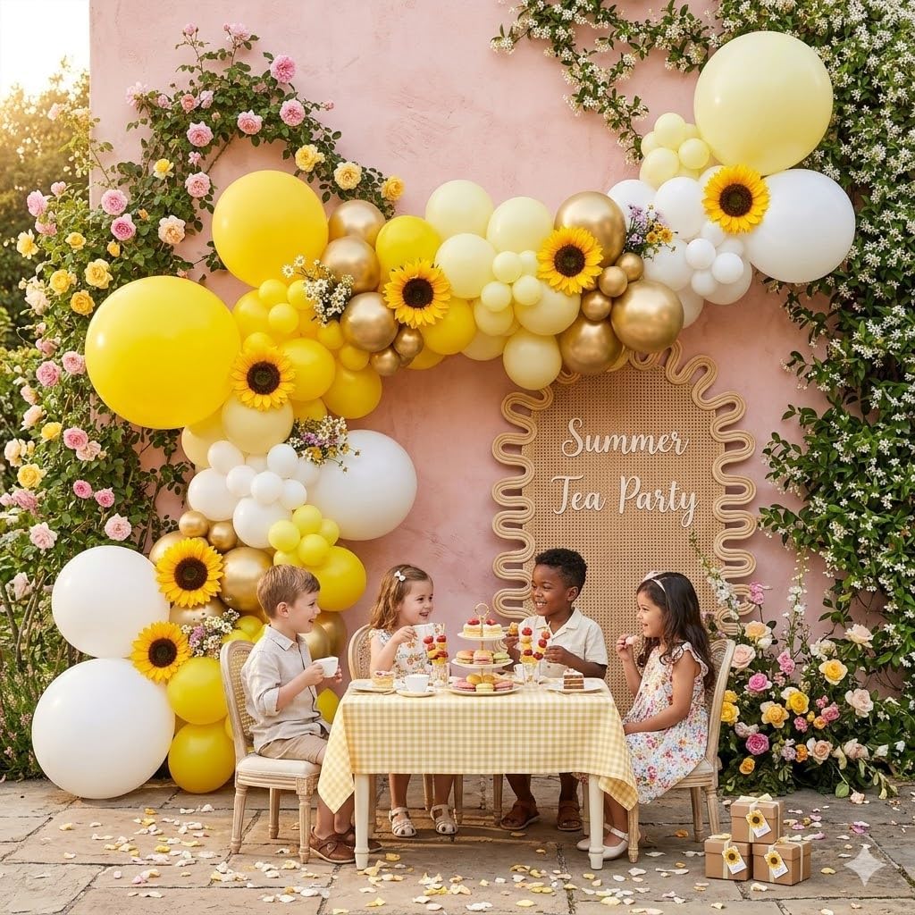 150Pcs Sunflower Balloon Arch Garland Kit with Pastel Yellow White Gold Balloons for Bee Theme Birthday Backdrop, Sunshine Balloon Arch, Bumblebee Party, Mothers Day Decoration