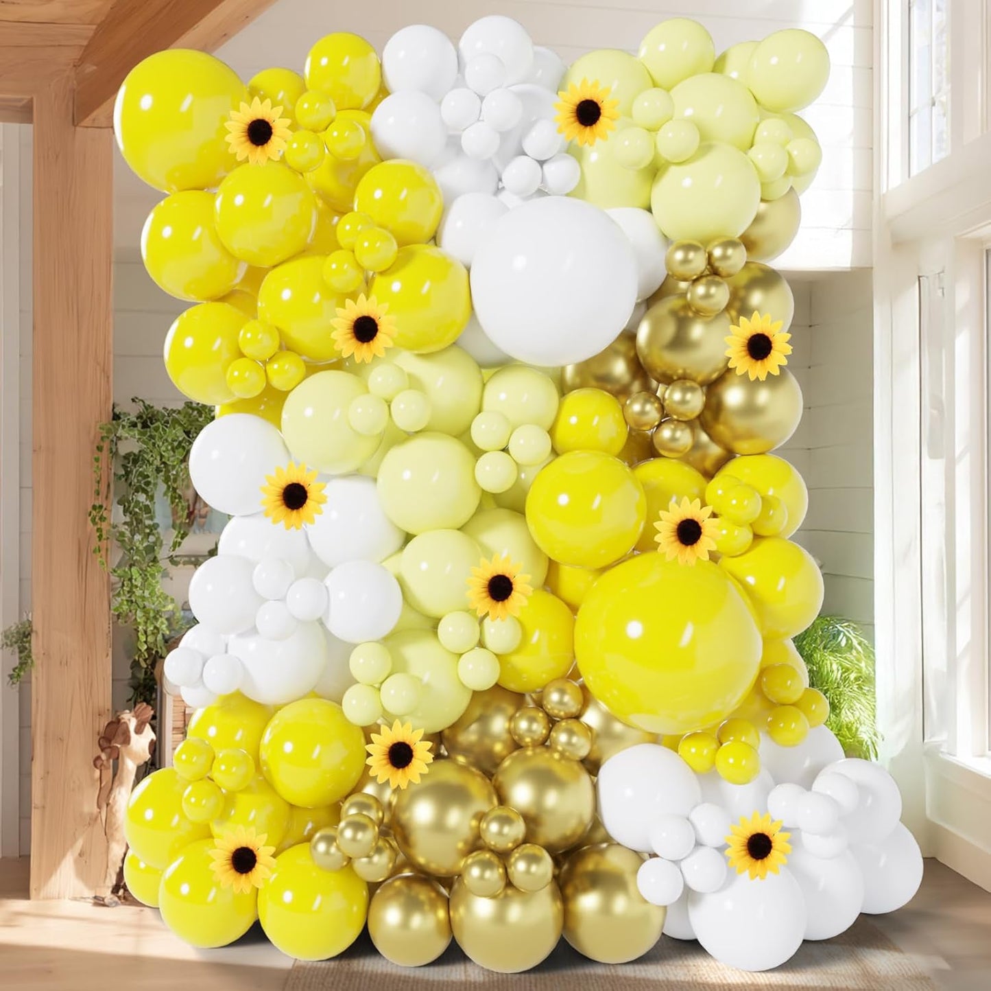 150Pcs Sunflower Balloon Arch Garland Kit with Pastel Yellow White Gold Balloons for Bee Theme Birthday Backdrop, Sunshine Balloon Arch, Bumblebee Party, Mothers Day Decoration