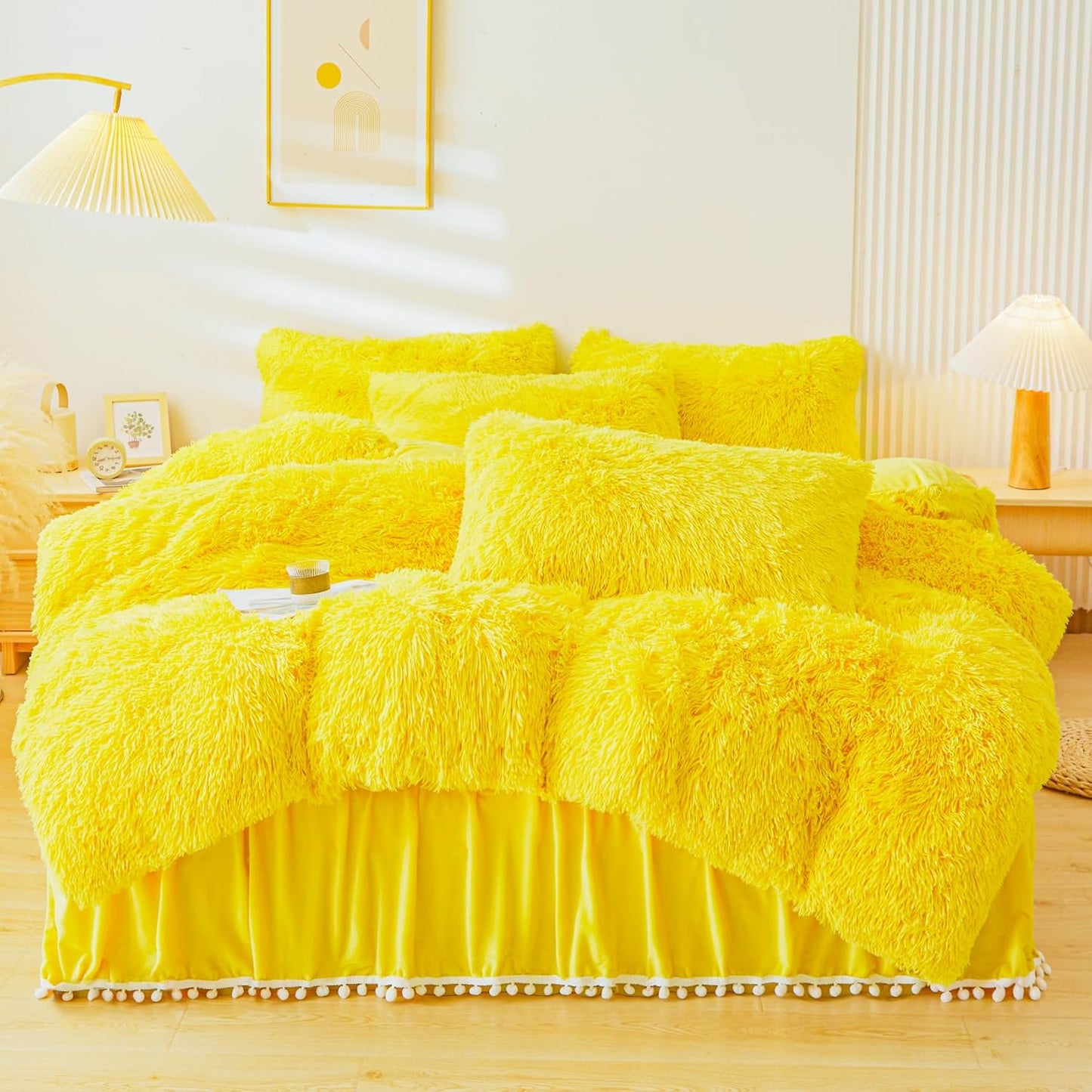 Fluffy Yellow Comforter Cover Set King，Fluffy Fuzzy Plush Yellow Bedding 3Pcs (1 Faux Fur Duvet Cover +2 Faux Fur Pillowcases) Fluffy Bed Set King