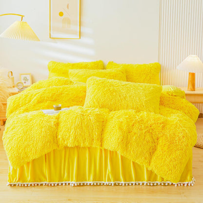 Fluffy Yellow Comforter Cover Set King，Fluffy Fuzzy Plush Yellow Bedding 3Pcs (1 Faux Fur Duvet Cover +2 Faux Fur Pillowcases) Fluffy Bed Set King