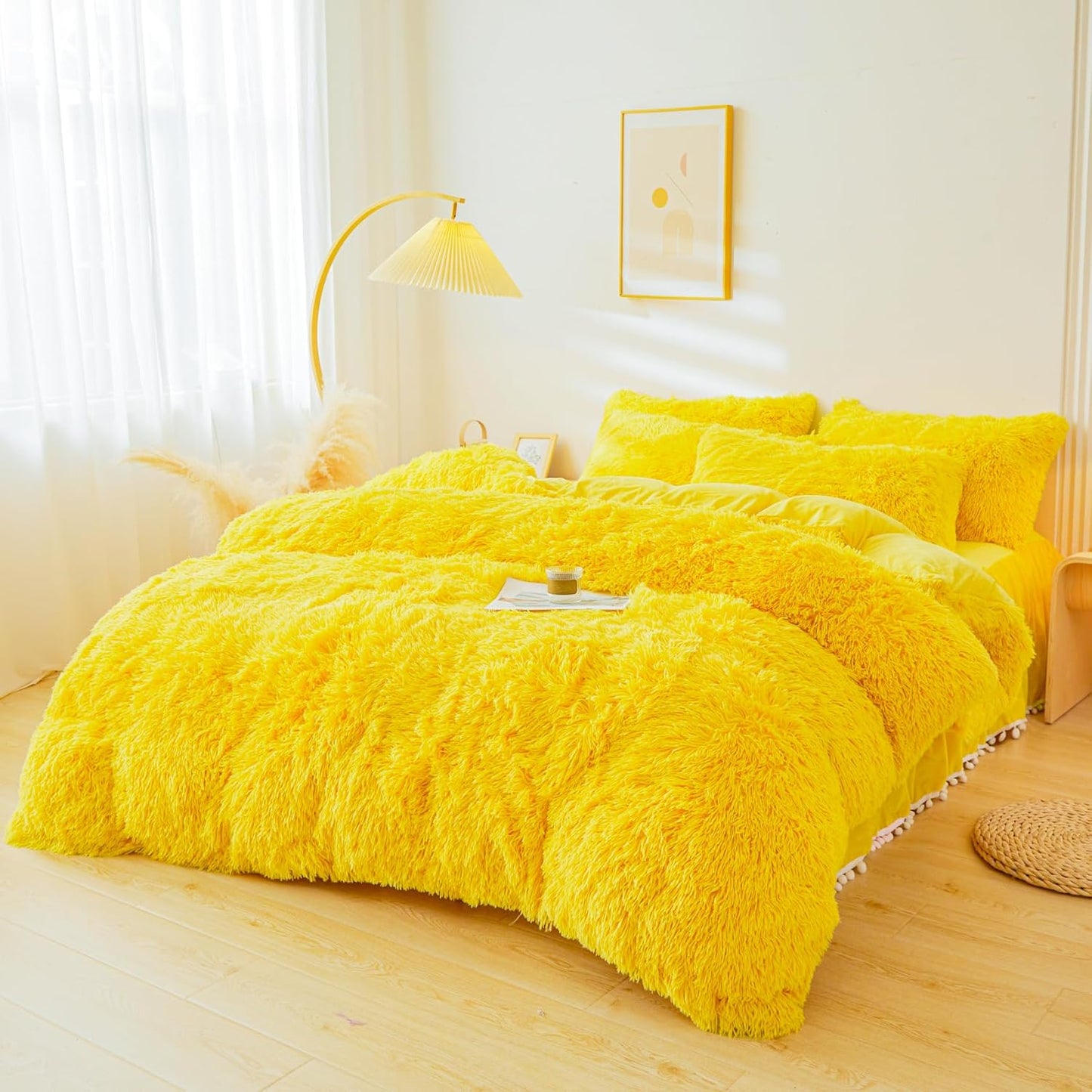 Fluffy Yellow Comforter Cover Set King，Fluffy Fuzzy Plush Yellow Bedding 3Pcs (1 Faux Fur Duvet Cover +2 Faux Fur Pillowcases) Fluffy Bed Set King