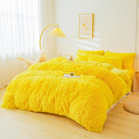 Fluffy Yellow Comforter Cover Set King，Fluffy Fuzzy Plush Yellow Bedding 3Pcs (1 Faux Fur Duvet Cover +2 Faux Fur Pillowcases) Fluffy Bed Set King
