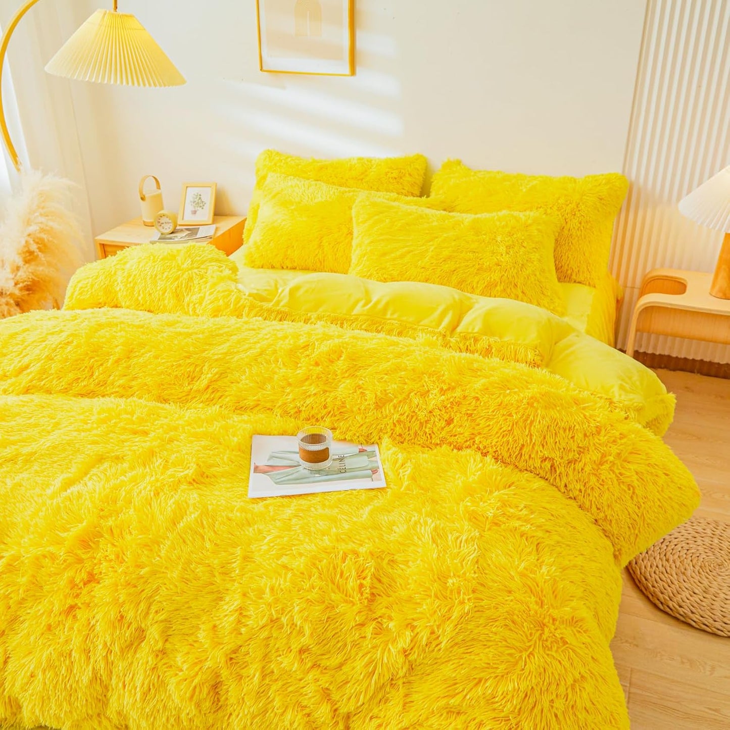 Fluffy Yellow Comforter Cover Set King，Fluffy Fuzzy Plush Yellow Bedding 3Pcs (1 Faux Fur Duvet Cover +2 Faux Fur Pillowcases) Fluffy Bed Set King