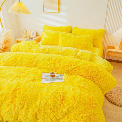Fluffy Yellow Comforter Cover Set King，Fluffy Fuzzy Plush Yellow Bedding 3Pcs (1 Faux Fur Duvet Cover +2 Faux Fur Pillowcases) Fluffy Bed Set King