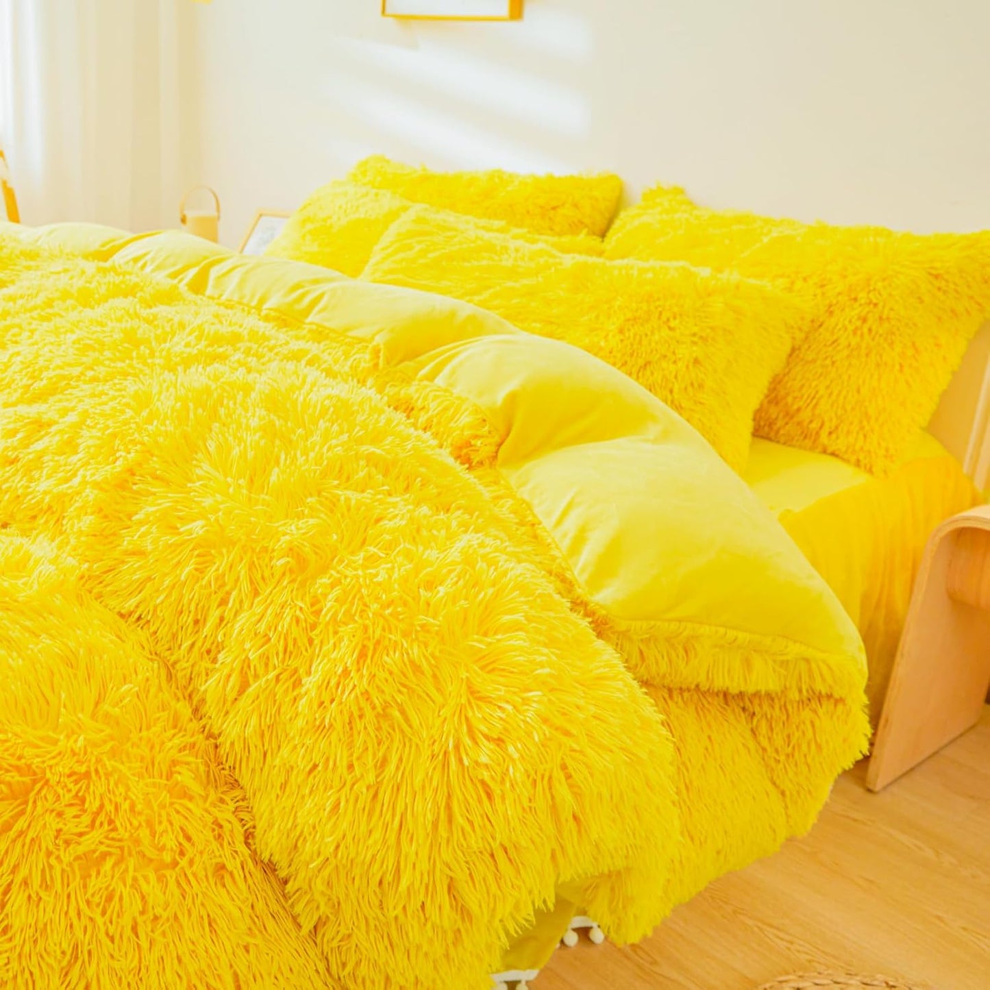 Fluffy Yellow Comforter Cover Set King，Fluffy Fuzzy Plush Yellow Bedding 3Pcs (1 Faux Fur Duvet Cover +2 Faux Fur Pillowcases) Fluffy Bed Set King