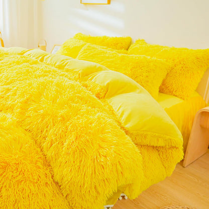 Fluffy Yellow Comforter Cover Set King，Fluffy Fuzzy Plush Yellow Bedding 3Pcs (1 Faux Fur Duvet Cover +2 Faux Fur Pillowcases) Fluffy Bed Set King
