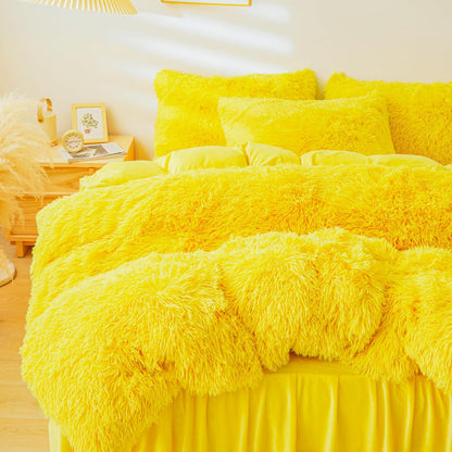 Fluffy Yellow Comforter Cover Set King，Fluffy Fuzzy Plush Yellow Bedding 3Pcs (1 Faux Fur Duvet Cover +2 Faux Fur Pillowcases) Fluffy Bed Set King