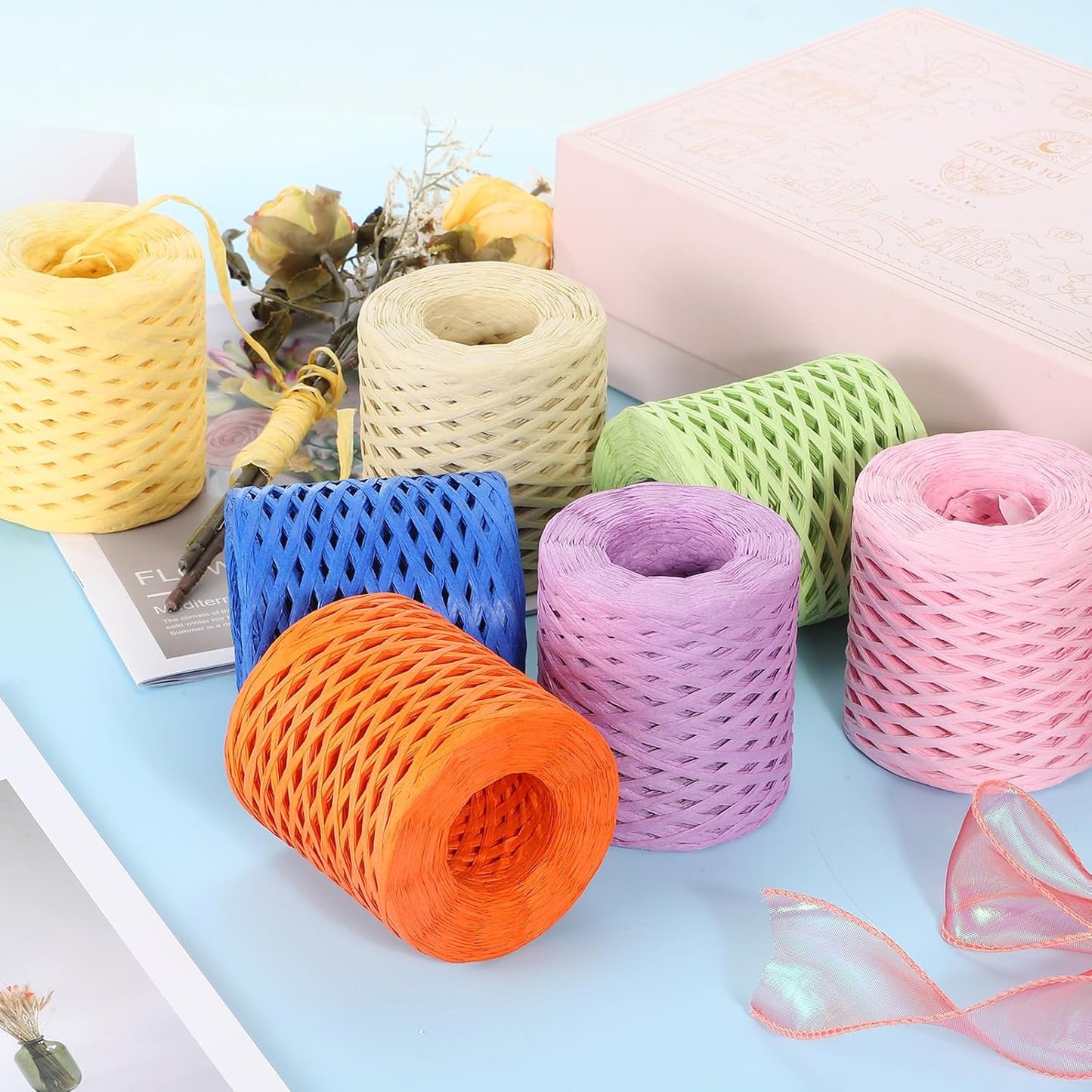 Raffia Paper Craft Rope Ribbon Packing Paper Rope 219 Yards Length Handmade Light Yellow for DIY Decoration Gift Packaging