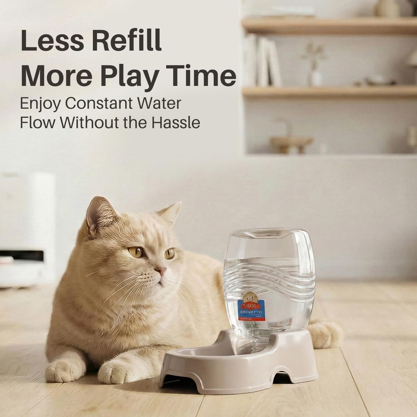 Gravity Pet Water Dispenser for Cats & Small Dogs, 1/4 Gal Beige | Automatic Cat and Dog Waterer with 900 Ml Reservoir, Non-Skid Feet, Recessed Carry Handle, and Easy-Clean Pp Bowl