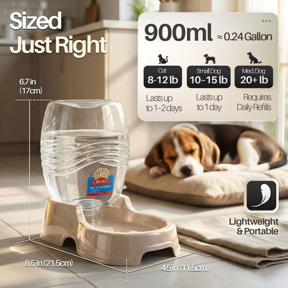 Gravity Pet Water Dispenser for Cats & Small Dogs, 1/4 Gal Beige | Automatic Cat and Dog Waterer with 900 Ml Reservoir, Non-Skid Feet, Recessed Carry Handle, and Easy-Clean Pp Bowl