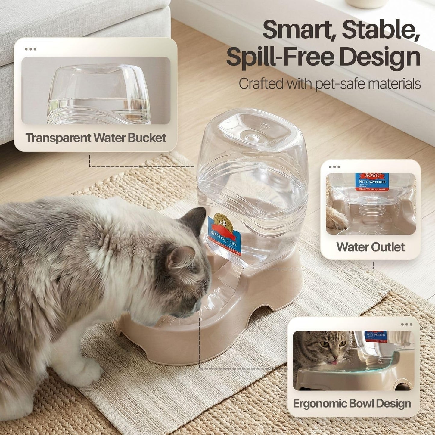 Gravity Pet Water Dispenser for Cats & Small Dogs, 1/4 Gal Beige | Automatic Cat and Dog Waterer with 900 Ml Reservoir, Non-Skid Feet, Recessed Carry Handle, and Easy-Clean Pp Bowl