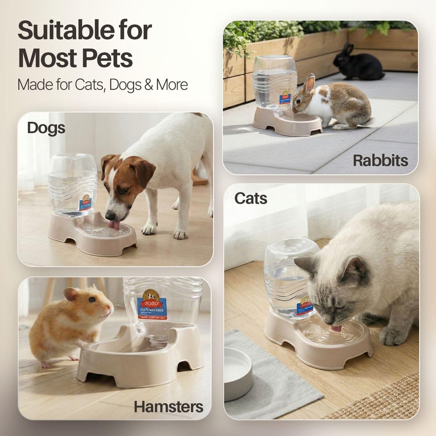 Gravity Pet Water Dispenser for Cats & Small Dogs, 1/4 Gal Beige | Automatic Cat and Dog Waterer with 900 Ml Reservoir, Non-Skid Feet, Recessed Carry Handle, and Easy-Clean Pp Bowl