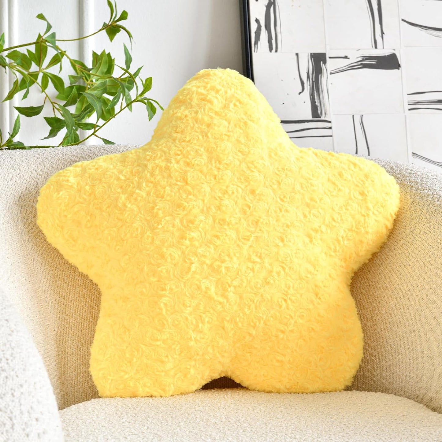 Star Pillow, 14.9" Star Shaped Plush Pillow for Couch Bed Sofa, Cute Decorative Throw Pillows with Soft Faux Fur Room Decor for Bedroom Living Room (Yellow)