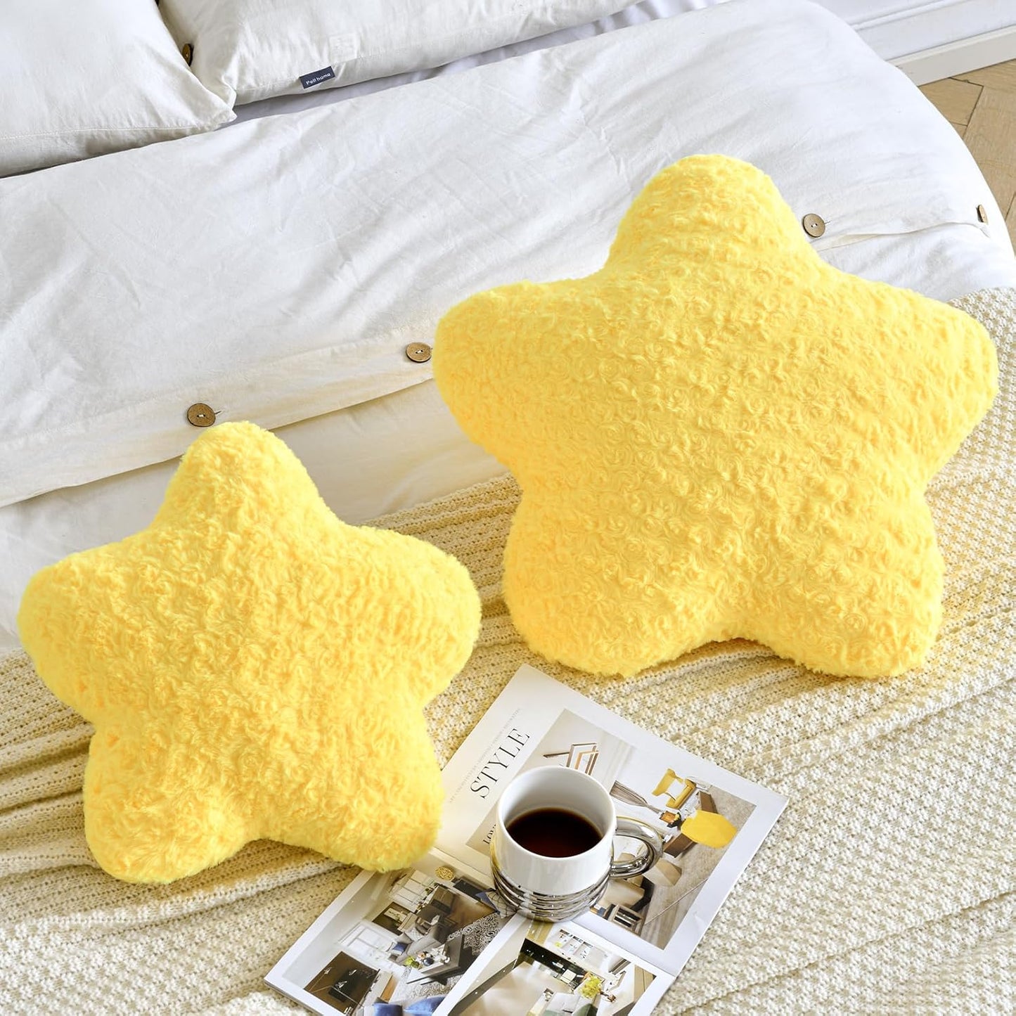 Star Pillow, 14.9" Star Shaped Plush Pillow for Couch Bed Sofa, Cute Decorative Throw Pillows with Soft Faux Fur Room Decor for Bedroom Living Room (Yellow)