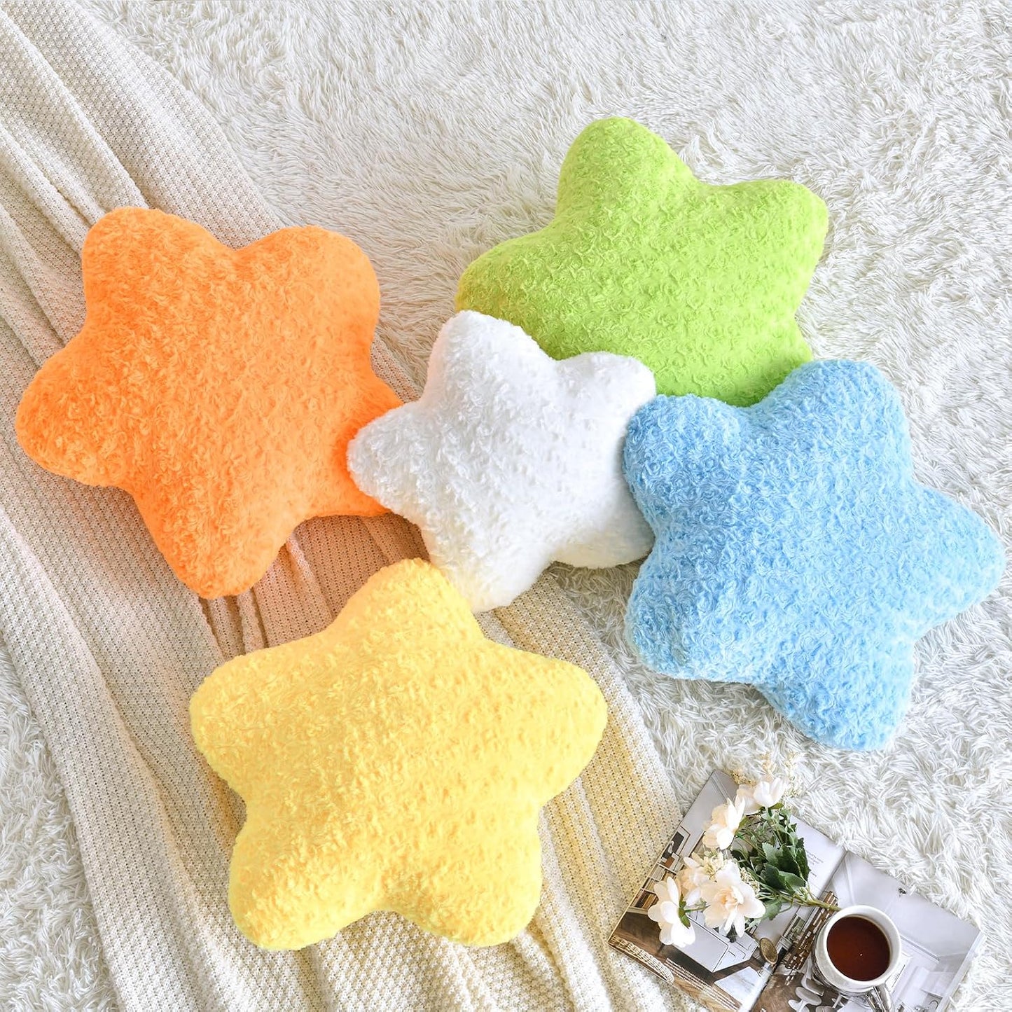 Star Pillow, 14.9" Star Shaped Plush Pillow for Couch Bed Sofa, Cute Decorative Throw Pillows with Soft Faux Fur Room Decor for Bedroom Living Room (Yellow)