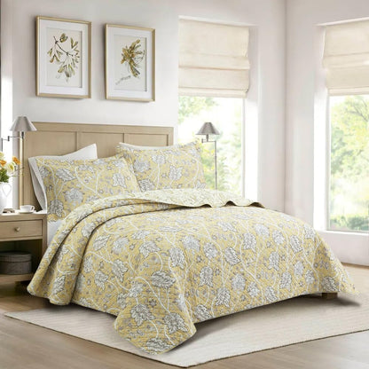 Floral Quilt Set – 3-Piece 100% Cotton Reversible Bedspread with Shams, Lightweight All Season Bedding for Bedroom, King, Yellow Botanical