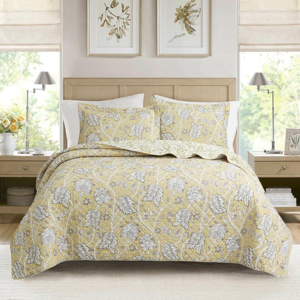 Floral Quilt Set – 3-Piece 100% Cotton Reversible Bedspread with Shams, Lightweight All Season Bedding for Bedroom, King, Yellow Botanical