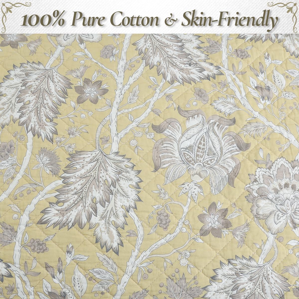 Floral Quilt Set – 3-Piece 100% Cotton Reversible Bedspread with Shams, Lightweight All Season Bedding for Bedroom, King, Yellow Botanical