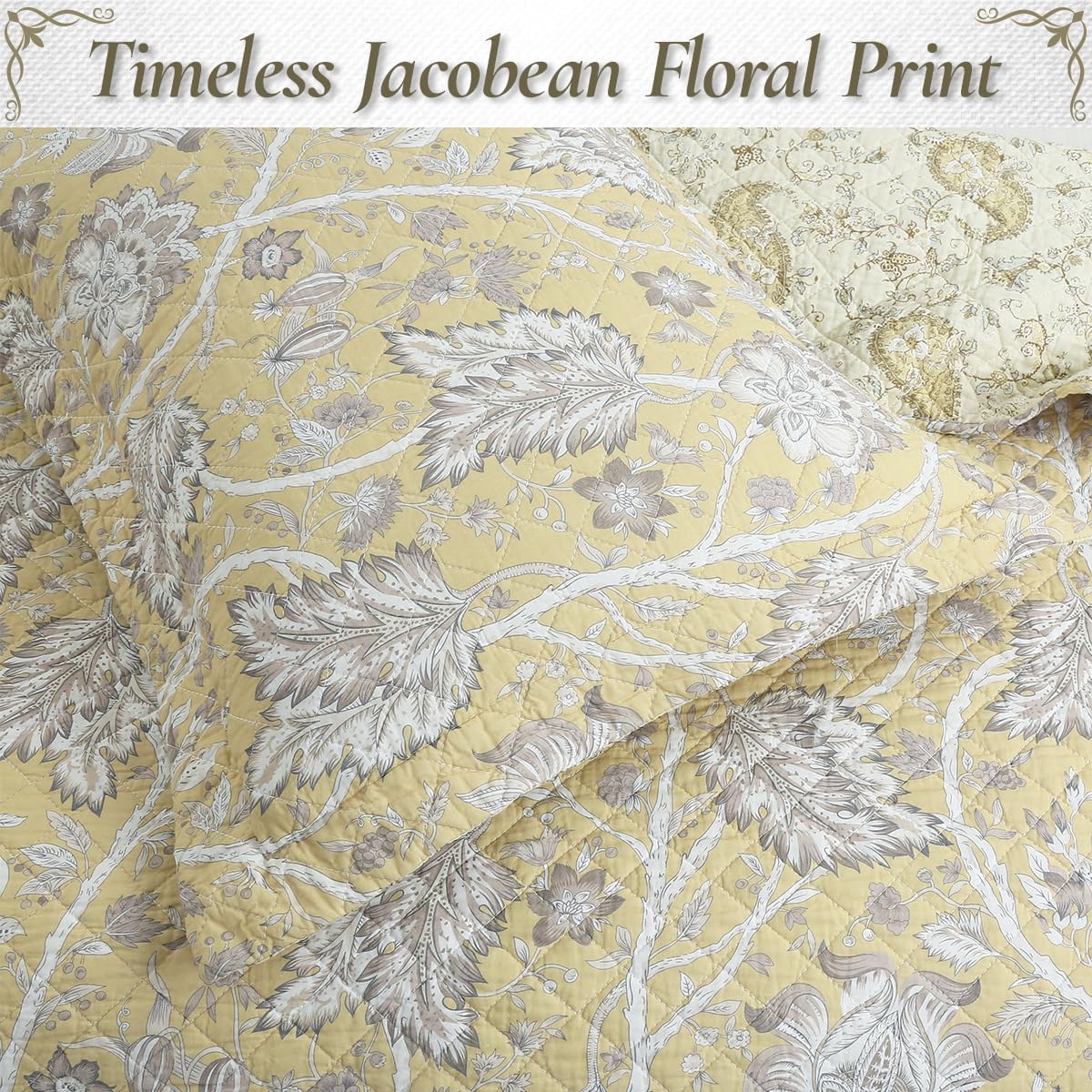 Floral Quilt Set – 3-Piece 100% Cotton Reversible Bedspread with Shams, Lightweight All Season Bedding for Bedroom, King, Yellow Botanical