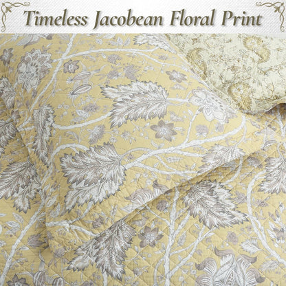 Floral Quilt Set – 3-Piece 100% Cotton Reversible Bedspread with Shams, Lightweight All Season Bedding for Bedroom, King, Yellow Botanical