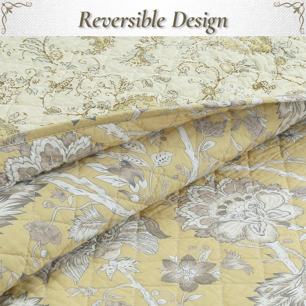 Floral Quilt Set – 3-Piece 100% Cotton Reversible Bedspread with Shams, Lightweight All Season Bedding for Bedroom, King, Yellow Botanical