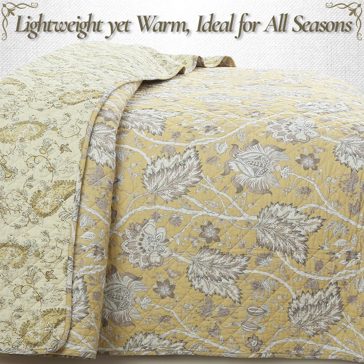 Floral Quilt Set – 3-Piece 100% Cotton Reversible Bedspread with Shams, Lightweight All Season Bedding for Bedroom, King, Yellow Botanical