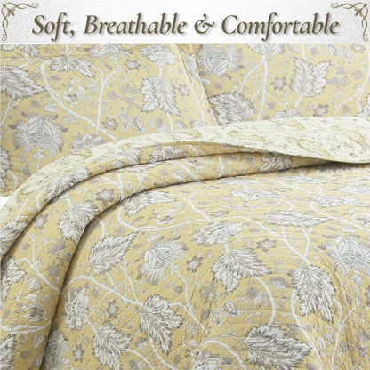 Floral Quilt Set – 3-Piece 100% Cotton Reversible Bedspread with Shams, Lightweight All Season Bedding for Bedroom, King, Yellow Botanical