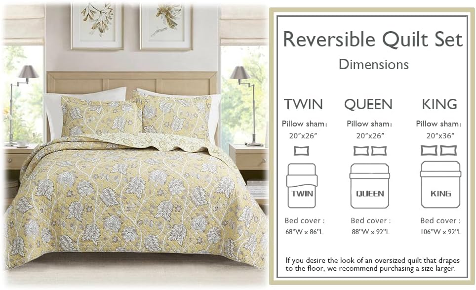 Floral Quilt Set – 3-Piece 100% Cotton Reversible Bedspread with Shams, Lightweight All Season Bedding for Bedroom, King, Yellow Botanical