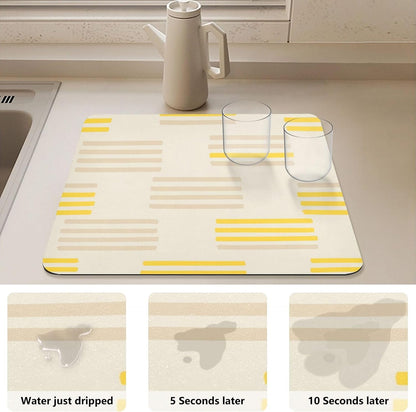 Kitchen Diatomaceous Earth Dish Drying Mat Striped Pattern Yellow Dish Drying Mats Quick Dry Magical Dishes Pad, 15.7x11.8 Inches
