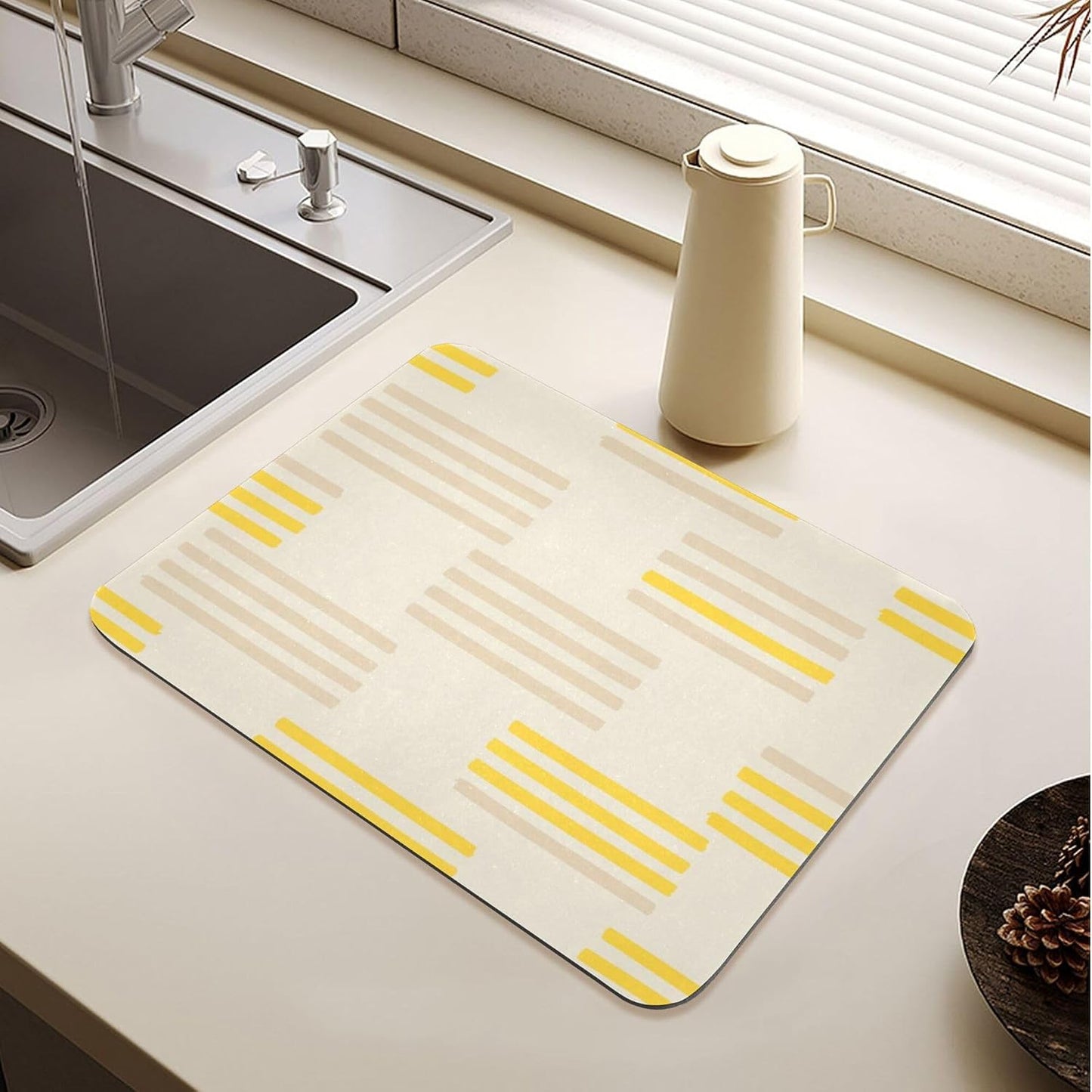 Kitchen Diatomaceous Earth Dish Drying Mat Striped Pattern Yellow Dish Drying Mats Quick Dry Magical Dishes Pad, 15.7x11.8 Inches