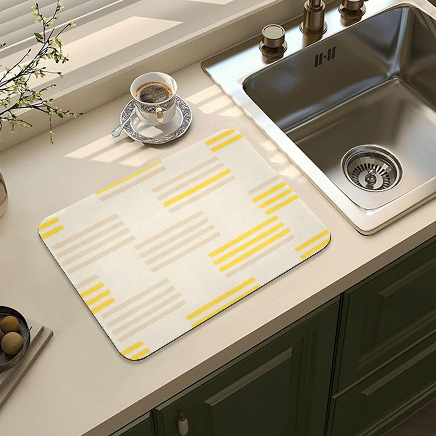 Kitchen Diatomaceous Earth Dish Drying Mat Striped Pattern Yellow Dish Drying Mats Quick Dry Magical Dishes Pad, 15.7x11.8 Inches