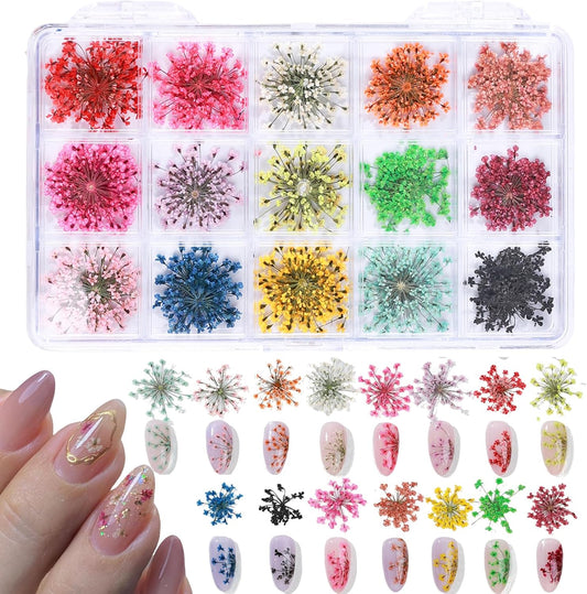 Dried Flowers for Nail Art 15 Colors Pressed Dry Flowers Stickers Nail Decals Colorful Floral Petals Natural Gypsophila Nail Art Decorations Accessories for DIY Manicure Craft Resin Jewelry Making