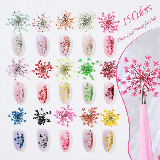 Dried Flowers for Nail Art 15 Colors Pressed Dry Flowers Stickers Nail Decals Colorful Floral Petals Natural Gypsophila Nail Art Decorations Accessories for DIY Manicure Craft Resin Jewelry Making