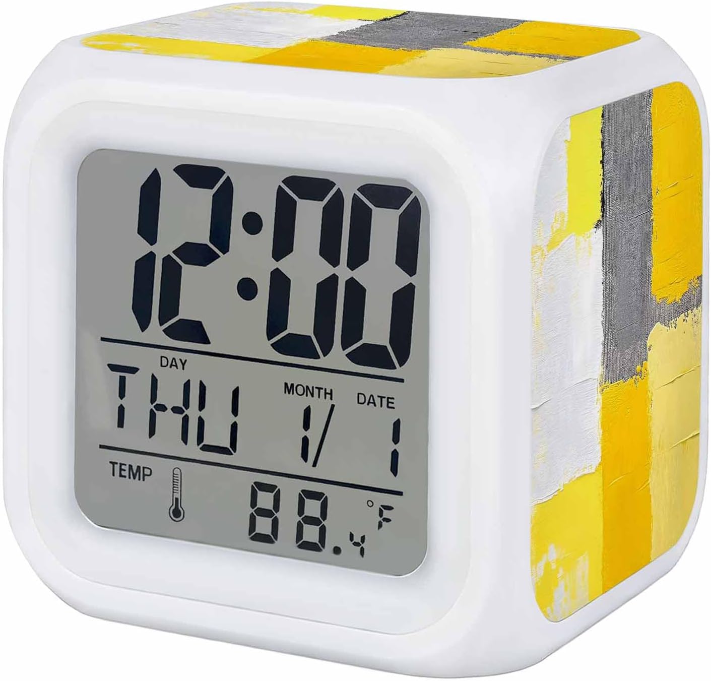Abstract Street Art Alarm Clock, Yellow Gary Color Stitching Digital Clock Night Light with 7 Color, Calendar Temperature Display, LED Small Desk Clock for Bedrooms Living Room Bedside