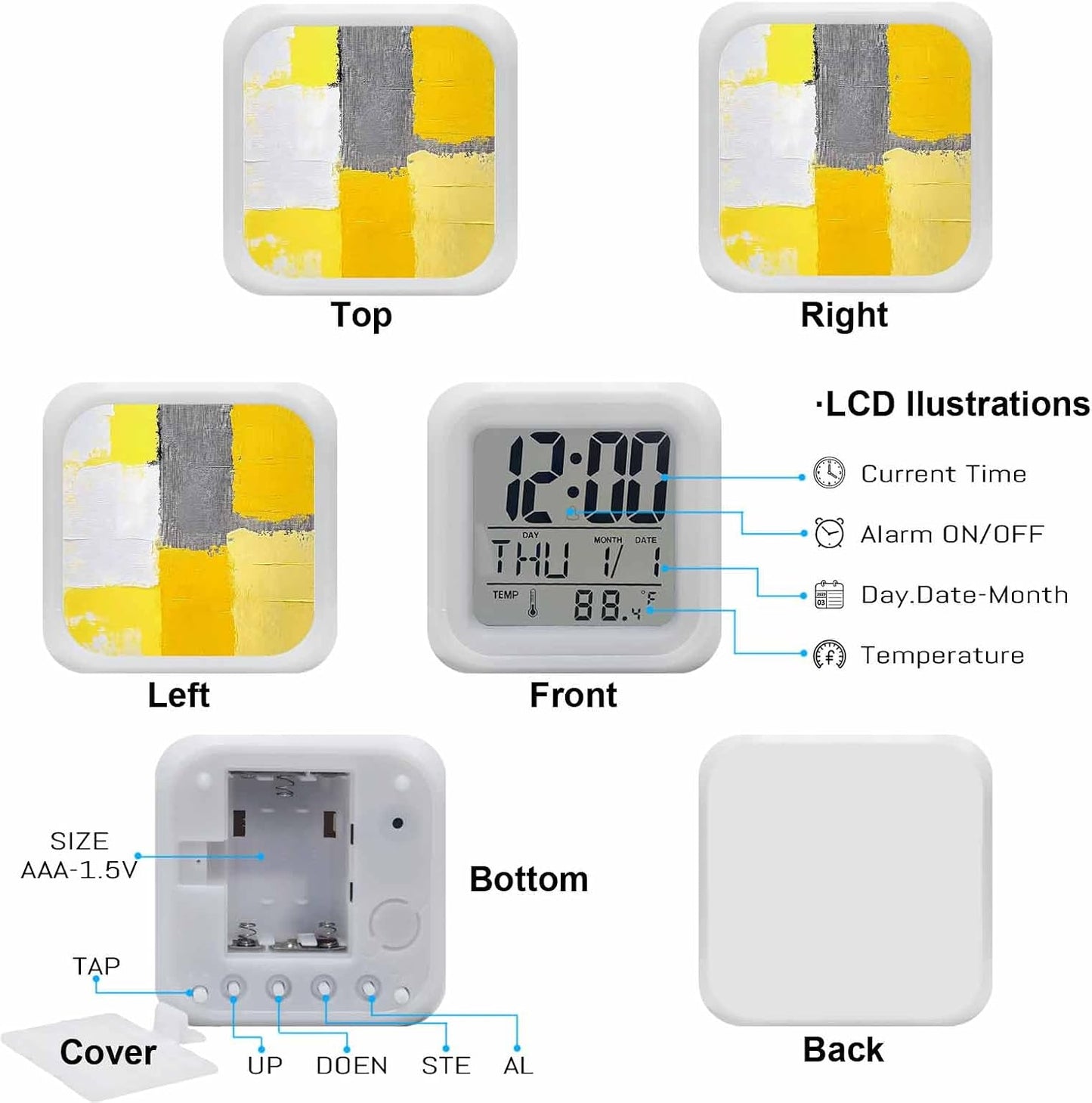 Abstract Street Art Alarm Clock, Yellow Gary Color Stitching Digital Clock Night Light with 7 Color, Calendar Temperature Display, LED Small Desk Clock for Bedrooms Living Room Bedside