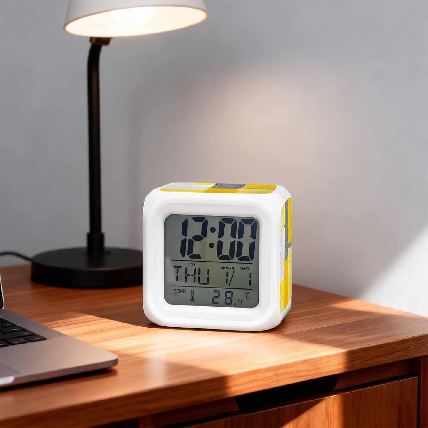Abstract Street Art Alarm Clock, Yellow Gary Color Stitching Digital Clock Night Light with 7 Color, Calendar Temperature Display, LED Small Desk Clock for Bedrooms Living Room Bedside