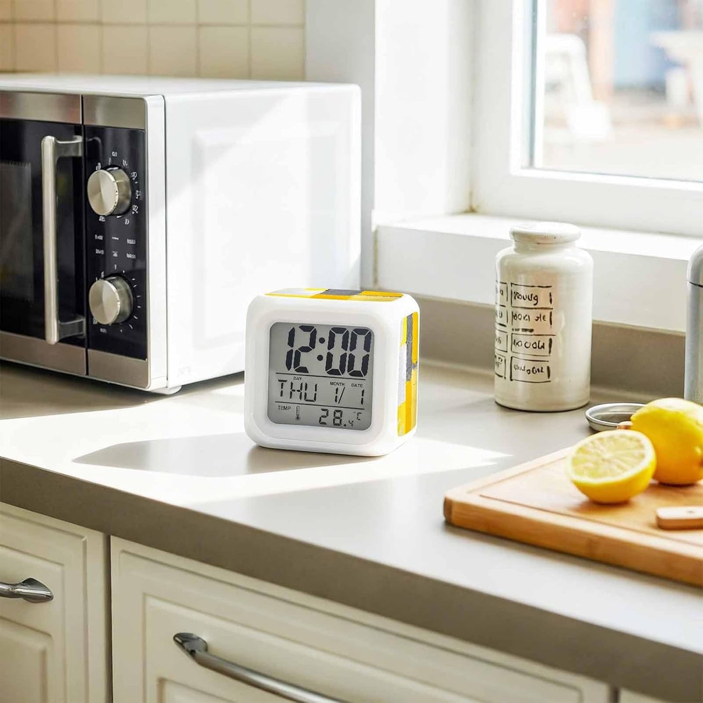 Abstract Street Art Alarm Clock, Yellow Gary Color Stitching Digital Clock Night Light with 7 Color, Calendar Temperature Display, LED Small Desk Clock for Bedrooms Living Room Bedside