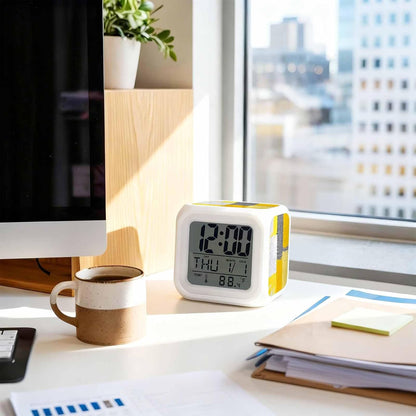 Abstract Street Art Alarm Clock, Yellow Gary Color Stitching Digital Clock Night Light with 7 Color, Calendar Temperature Display, LED Small Desk Clock for Bedrooms Living Room Bedside