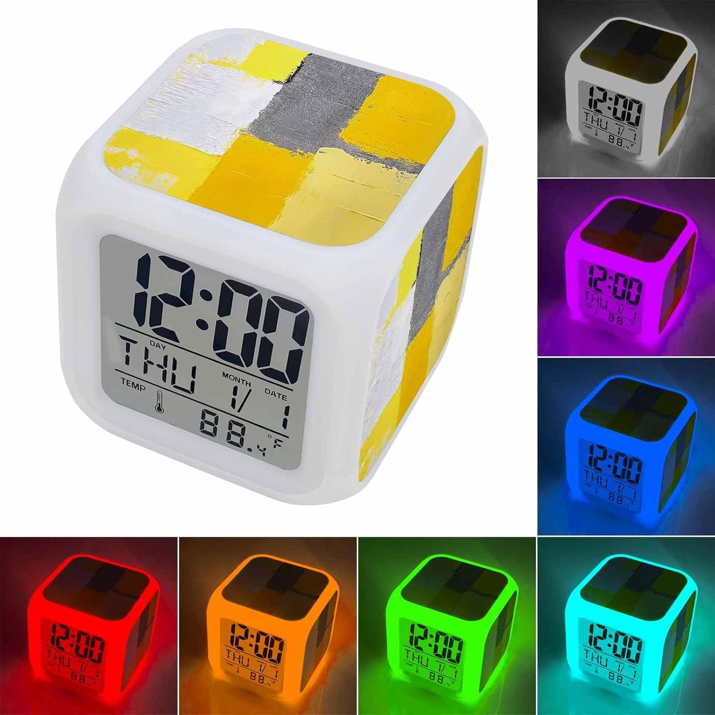 Abstract Street Art Alarm Clock, Yellow Gary Color Stitching Digital Clock Night Light with 7 Color, Calendar Temperature Display, LED Small Desk Clock for Bedrooms Living Room Bedside