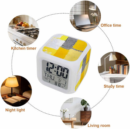 Abstract Street Art Alarm Clock, Yellow Gary Color Stitching Digital Clock Night Light with 7 Color, Calendar Temperature Display, LED Small Desk Clock for Bedrooms Living Room Bedside