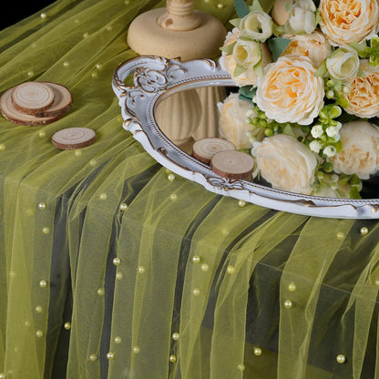Pearl Table Runner 63x120 Inches, Wedding Table Decor Romantic Sheer Chiffon Tulle Lace Fabric, Bridal Veil for Arch Backdrop Bridal Shower Decorations Baby Shower Engagement Party, Yellow
