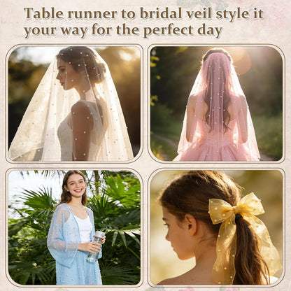 Pearl Table Runner 63x120 Inches, Wedding Table Decor Romantic Sheer Chiffon Tulle Lace Fabric, Bridal Veil for Arch Backdrop Bridal Shower Decorations Baby Shower Engagement Party, Yellow