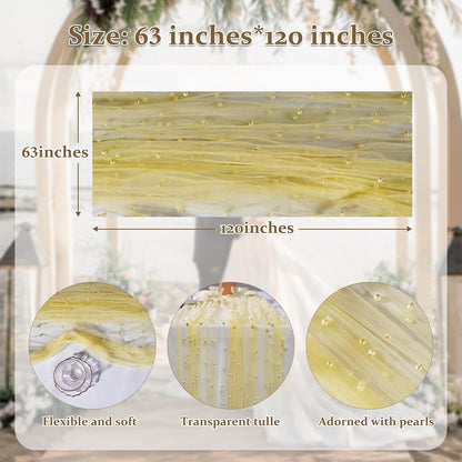 Pearl Table Runner 63x120 Inches, Wedding Table Decor Romantic Sheer Chiffon Tulle Lace Fabric, Bridal Veil for Arch Backdrop Bridal Shower Decorations Baby Shower Engagement Party, Yellow