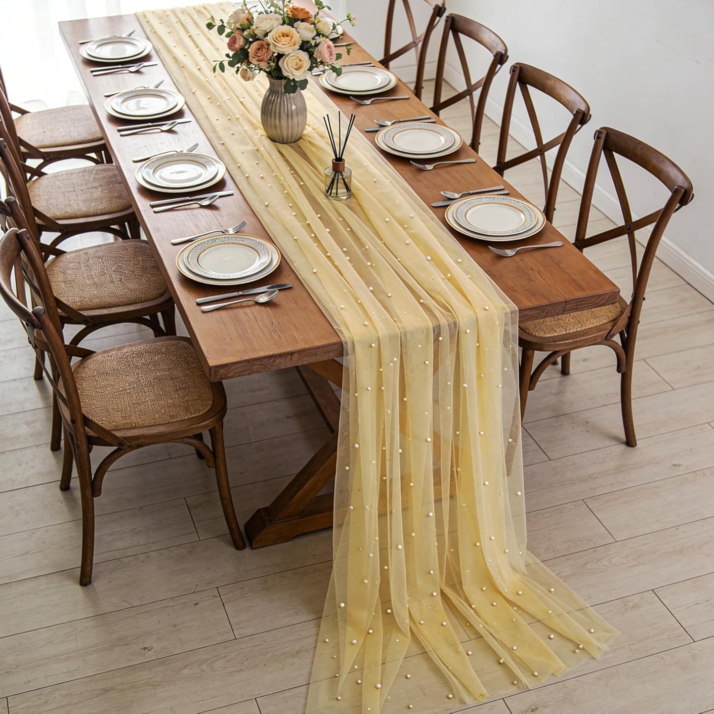 Pearl Table Runner 63x120 Inches, Wedding Table Decor Romantic Sheer Chiffon Tulle Lace Fabric, Bridal Veil for Arch Backdrop Bridal Shower Decorations Baby Shower Engagement Party, Yellow