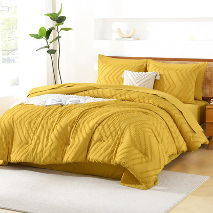 Queen Size Comforter Set with Sheets Mustard Yellow - 7 Pieces Bed in a Bag Queen Chevron Tufted Complete Bedding Sets with Comforter, Sheets, Pillowcases & Shams