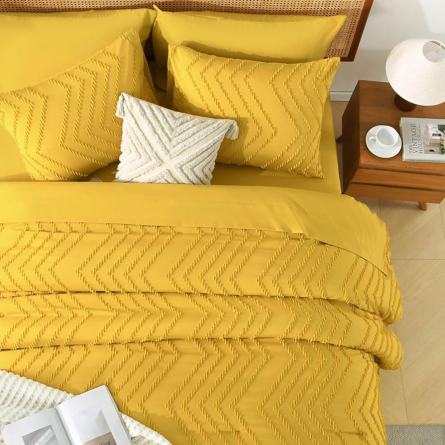 Queen Size Comforter Set with Sheets Mustard Yellow - 7 Pieces Bed in a Bag Queen Chevron Tufted Complete Bedding Sets with Comforter, Sheets, Pillowcases & Shams