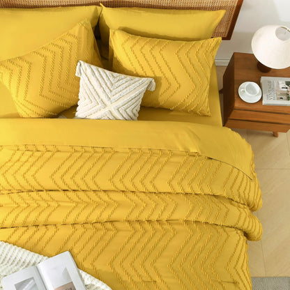 Queen Size Comforter Set with Sheets Mustard Yellow - 7 Pieces Bed in a Bag Queen Chevron Tufted Complete Bedding Sets with Comforter, Sheets, Pillowcases & Shams