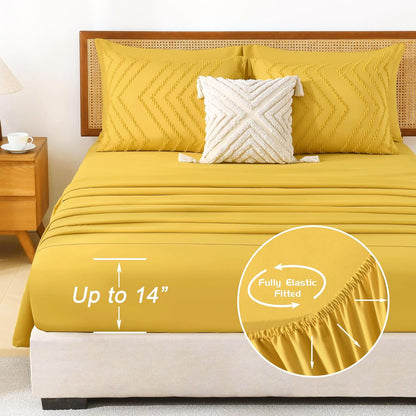 Queen Size Comforter Set with Sheets Mustard Yellow - 7 Pieces Bed in a Bag Queen Chevron Tufted Complete Bedding Sets with Comforter, Sheets, Pillowcases & Shams