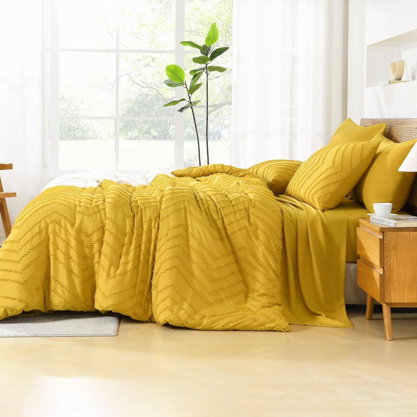 Queen Size Comforter Set with Sheets Mustard Yellow - 7 Pieces Bed in a Bag Queen Chevron Tufted Complete Bedding Sets with Comforter, Sheets, Pillowcases & Shams