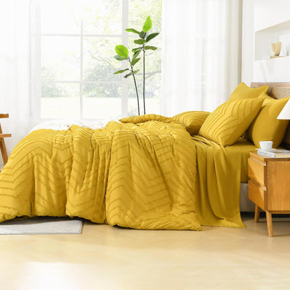 Queen Size Comforter Set with Sheets Mustard Yellow - 7 Pieces Bed in a Bag Queen Chevron Tufted Complete Bedding Sets with Comforter, Sheets, Pillowcases & Shams